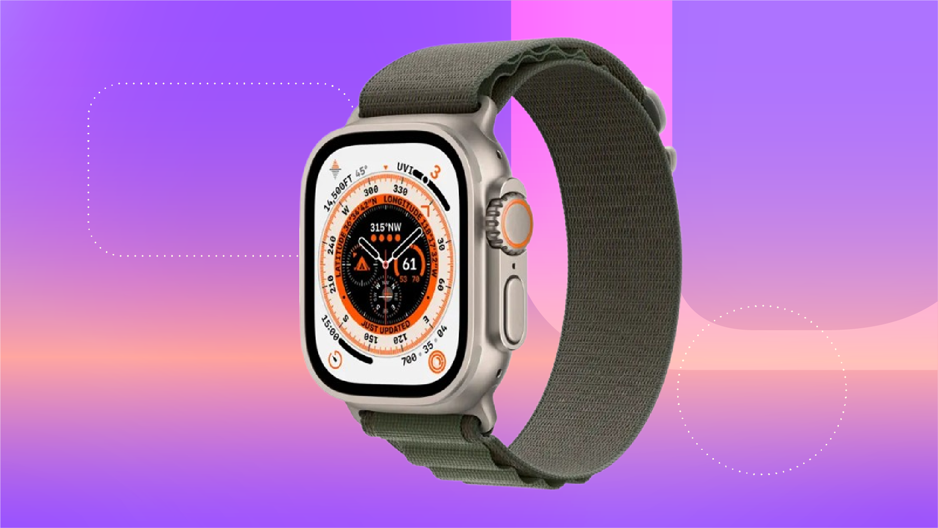 Apple Watch Ultra на фиолетово-персиковом фоне от CNET.