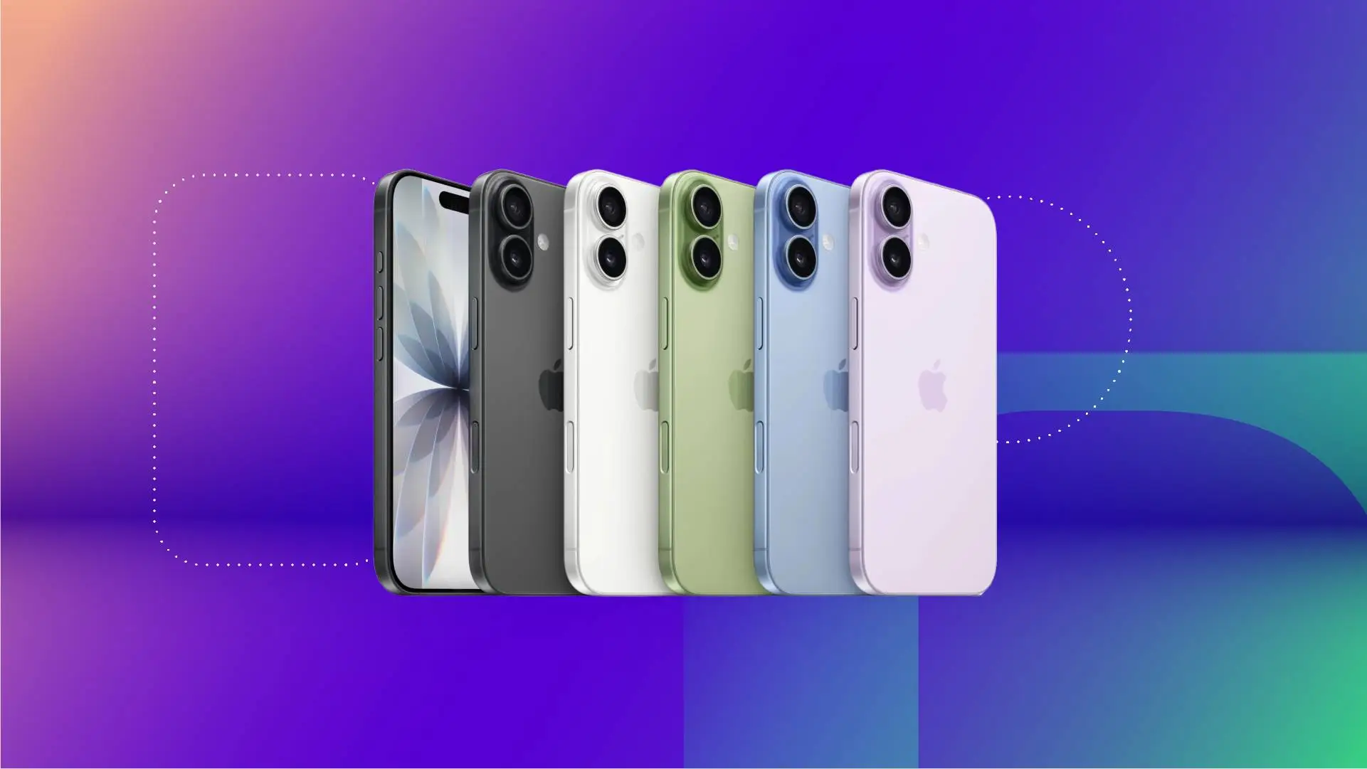 iPhone 17 в пяти разных цветах на фоне фиолетового градиента (CNET).