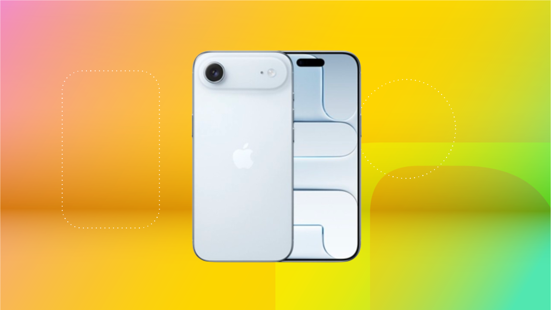 Светло-голубой Apple iPhone Air на коралловом, желтом и мятно-зеленом фоне (CNET).