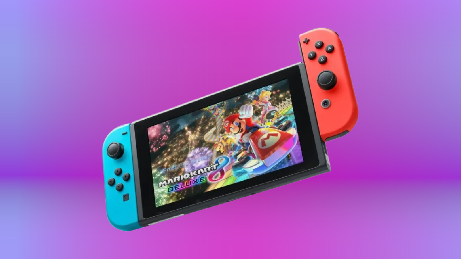 Эти выгодные предложения на Nintendo Switch и аксессуары делают игры более доступными. 2 На экране Nintendo Switch на фиолетовом фоне отображается игра Mario Kart 8 Deluxe.