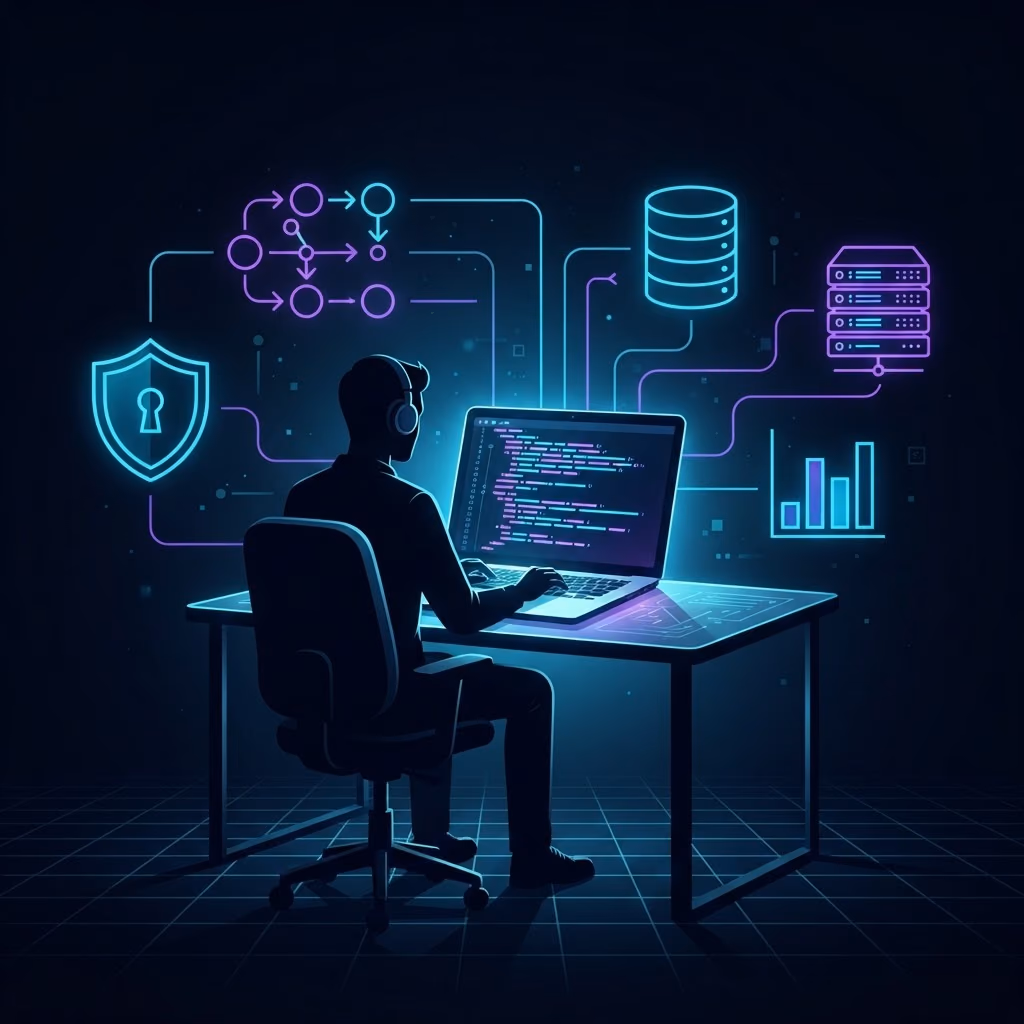Разработчик работает за ноутбуком с ИИ-инструментами, автоматизацией и защитой данных
