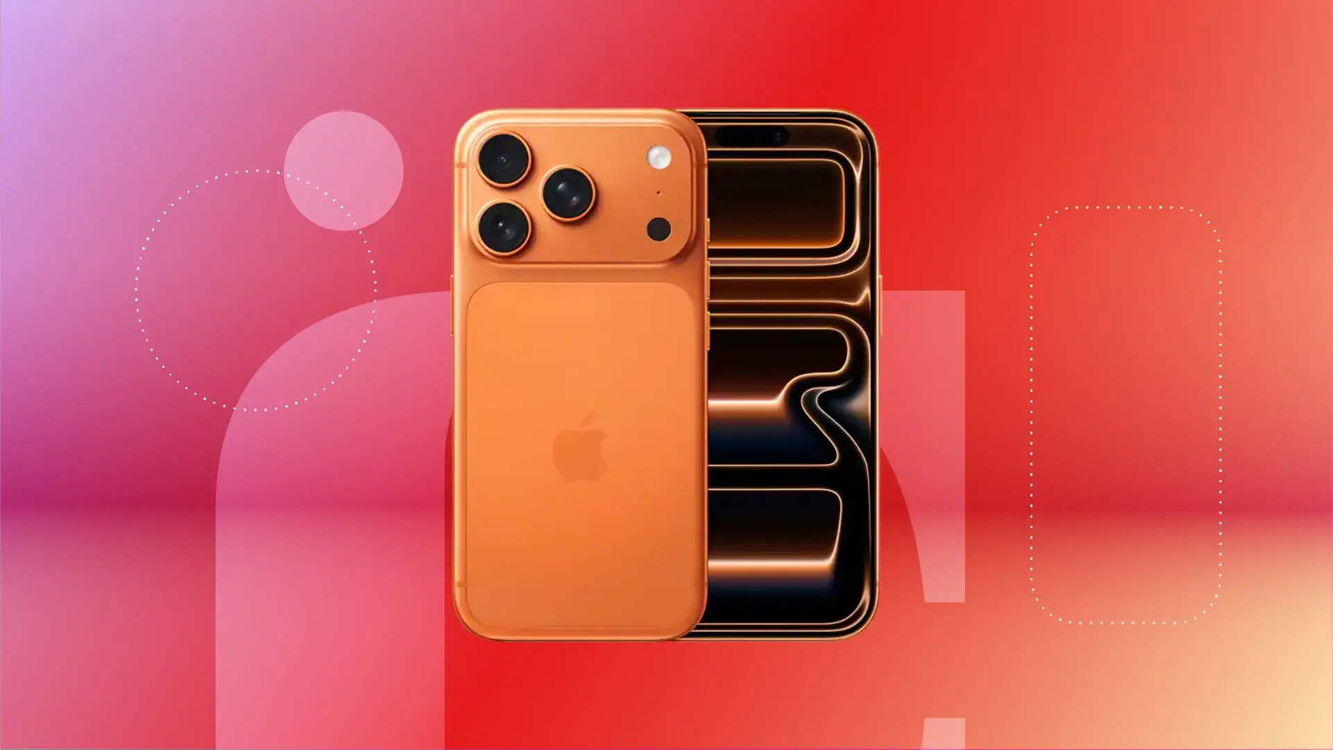 Оранжевый iPhone 17 на красном градиентном фоне CNET.