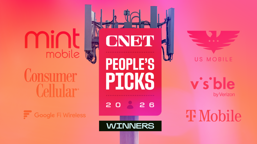 Логотип CNET People's Picks с логотипами мобильных операторов на заднем плане.