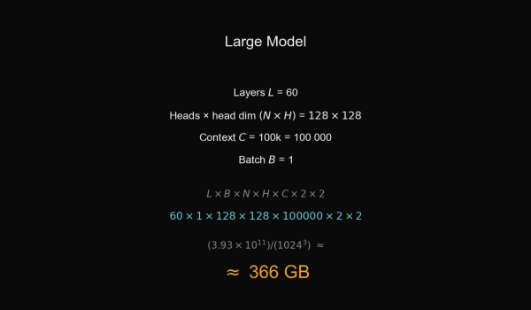 Расчеты для большой модели Large Model: 60 слоёв, dim 128×128, context 100k → ≈ 366 GB