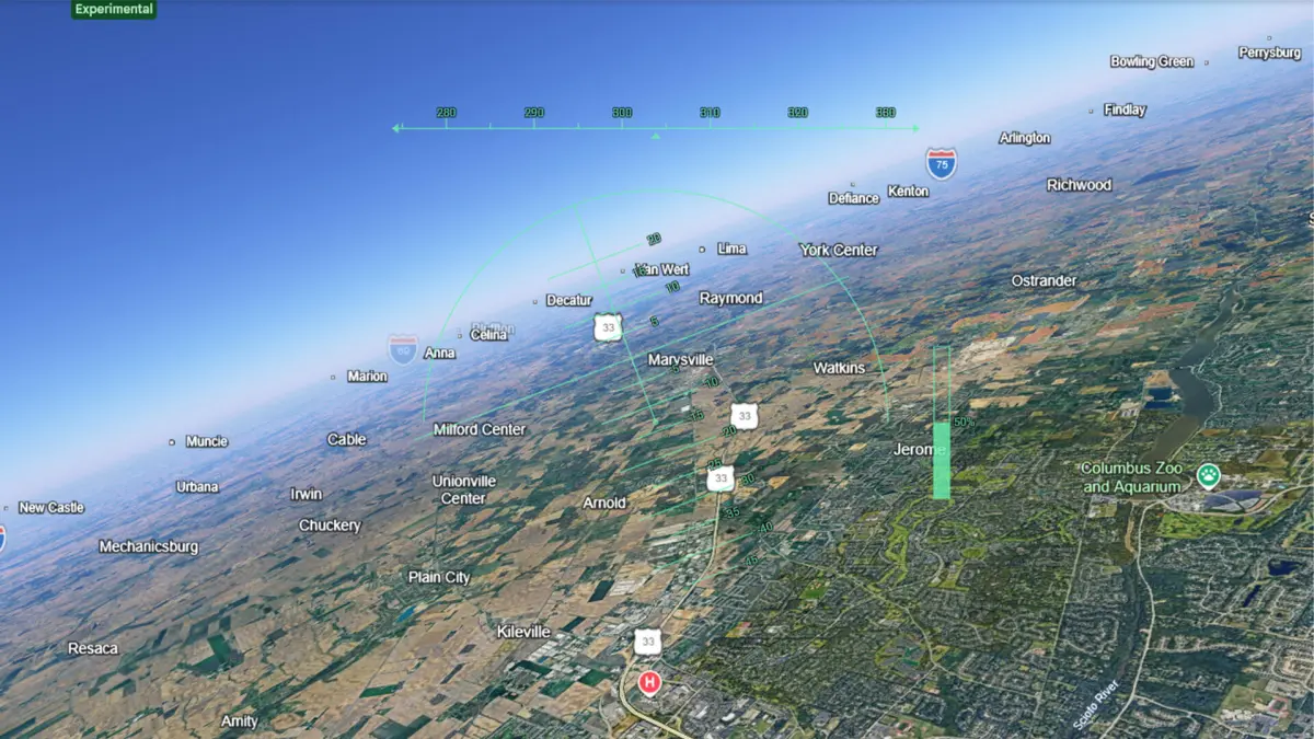 Симулятор самолета в Google Earth, демонстрирующий зоопарк Колумбуса.