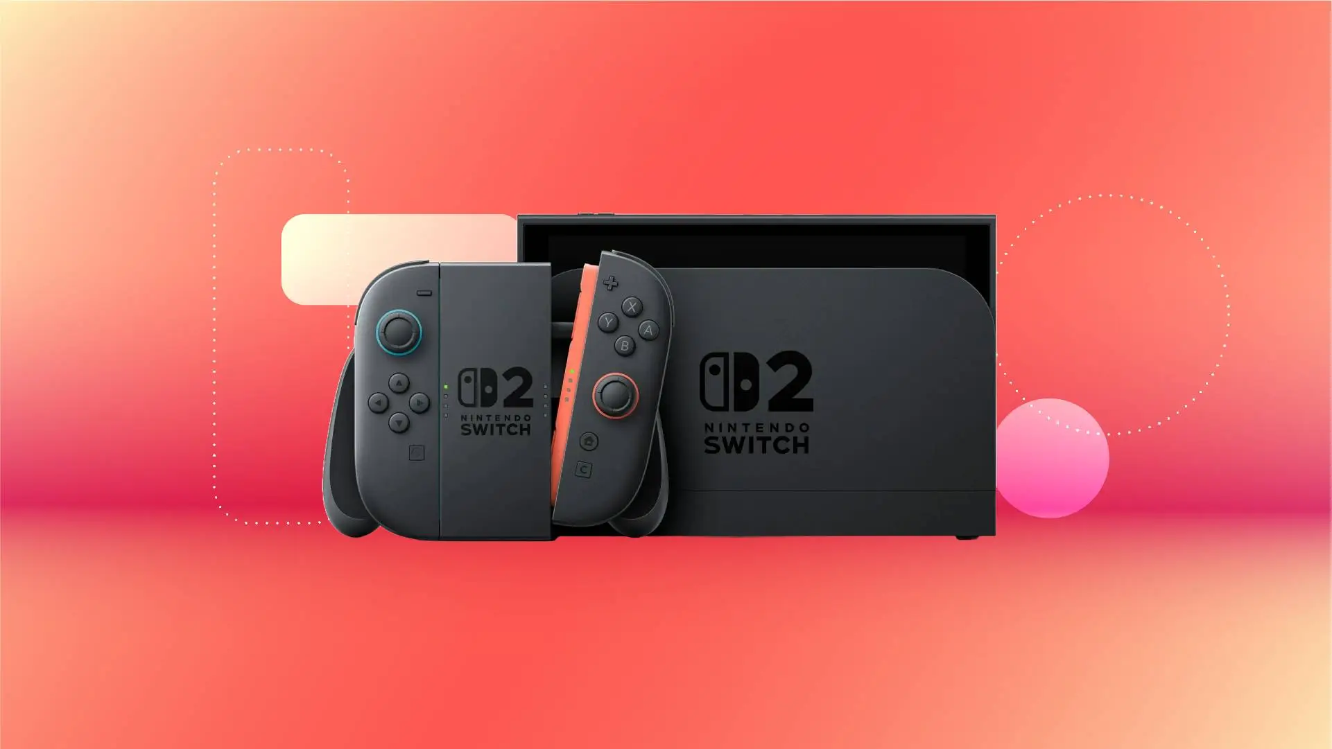 Консоль и контроллер Switch 2 на фоне красного градиента от CNET.