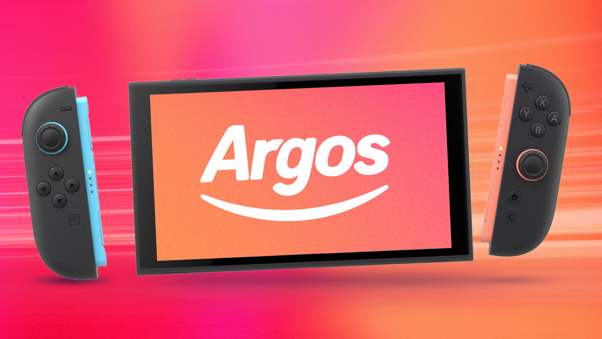 Консоль Nintendo Switch 2 на красном градиентном фоне с логотипом Argos на экране устройства.