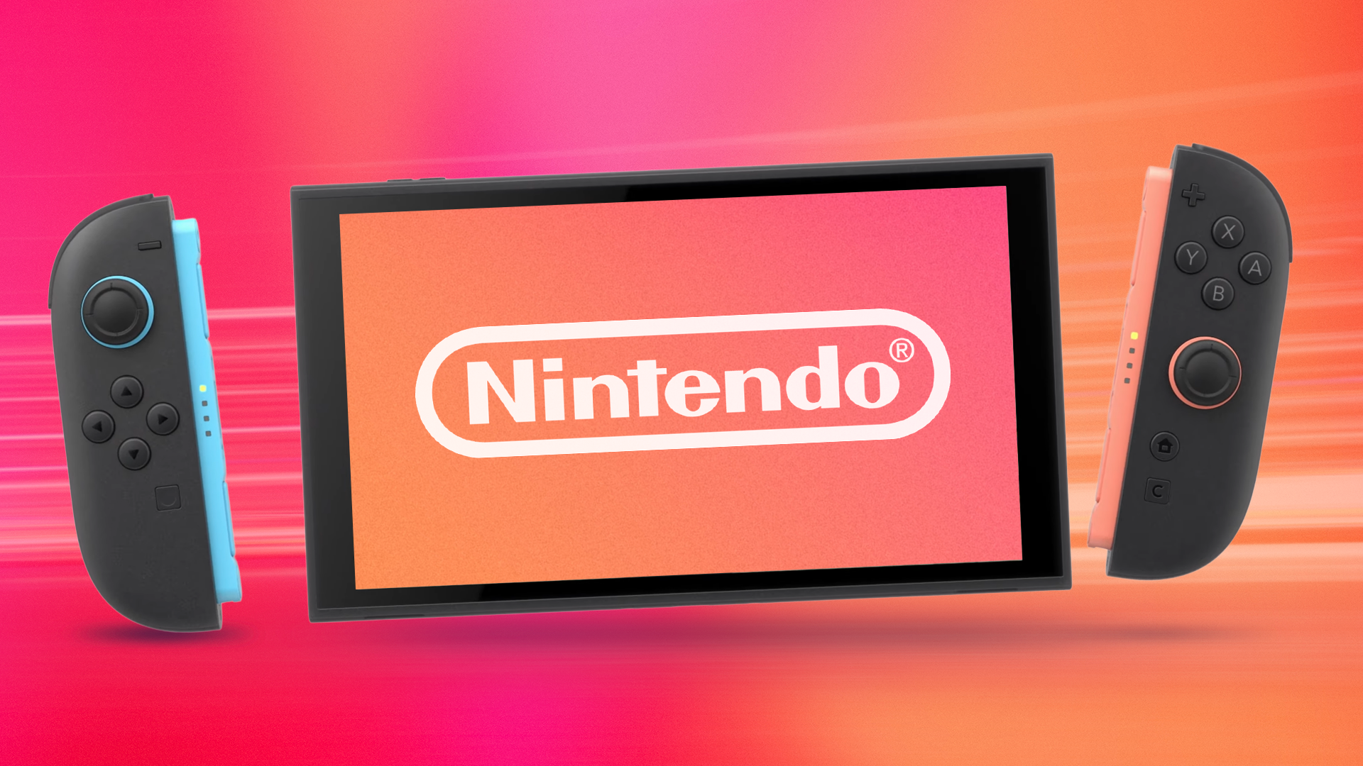 Консоль Nintendo Switch 2 на красном градиентном фоне с логотипом Nintendo на экране устройства.