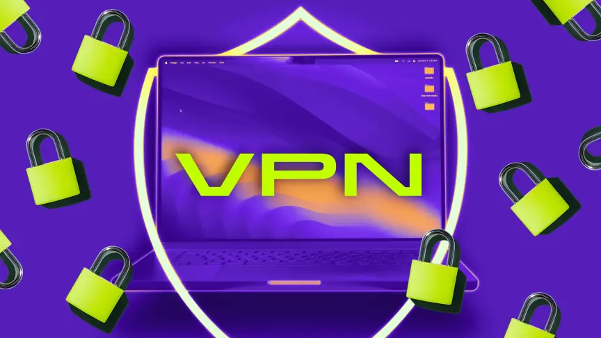 Изображение щита со словом VPN, окруженным замками, наложенное на экран MacBook.