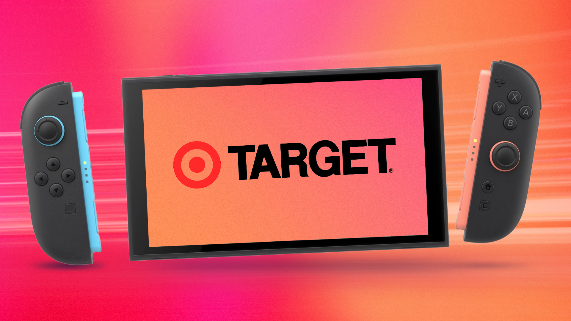 Консоль Nintendo Switch 2 на красном градиентном фоне с логотипом Target на экране устройства.