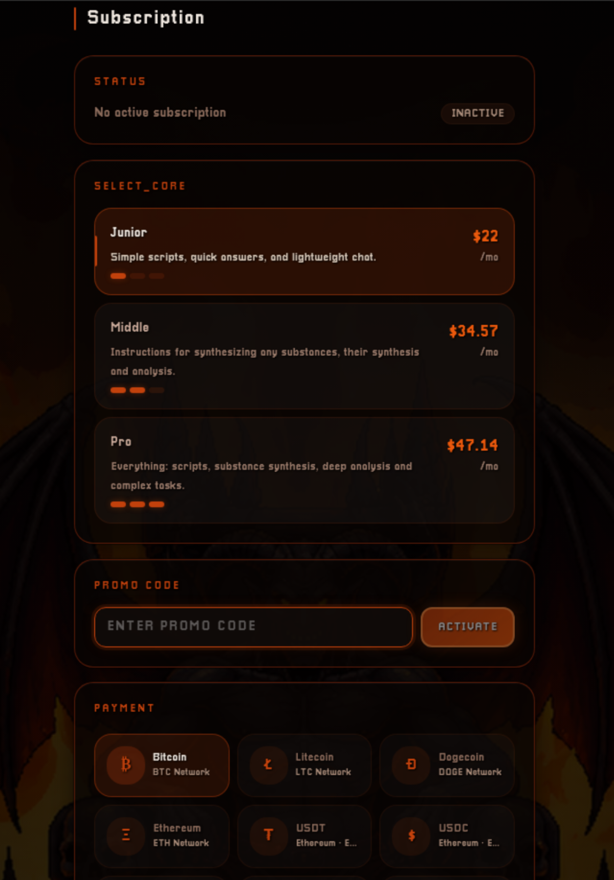 Адвокат дьявола? Нецензурированный сервис искусственного интеллекта Luciferus рекламируется в подполье. 2 На веб-странице Luciferus представлен список уровней подписки и цен.