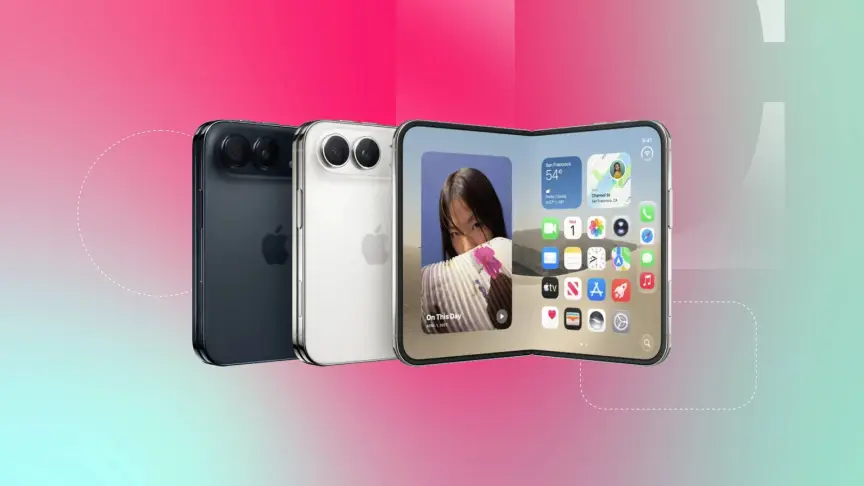 Белый и черный iPhone Duo на фоне красно-зеленого градиента CNET.