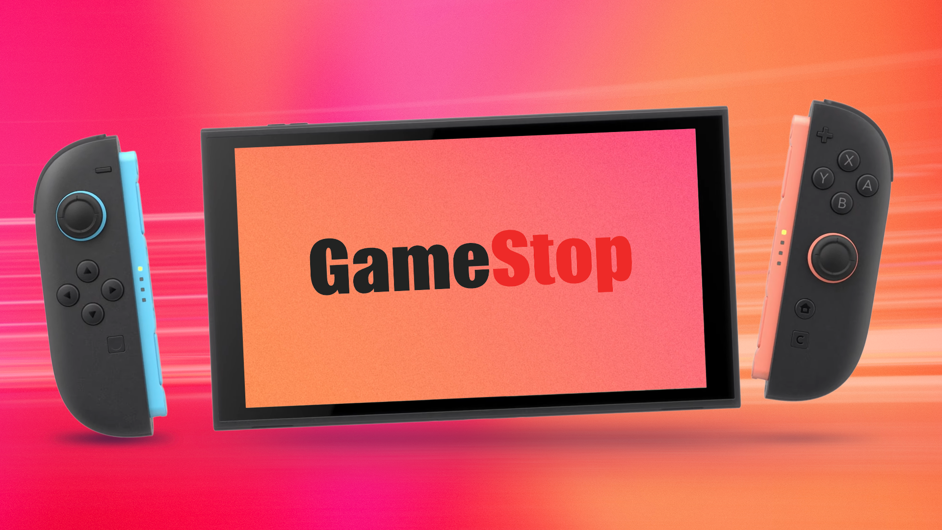 Консоль Nintendo Switch 2 на красном градиентном фоне с логотипом GameStop на экране устройства.