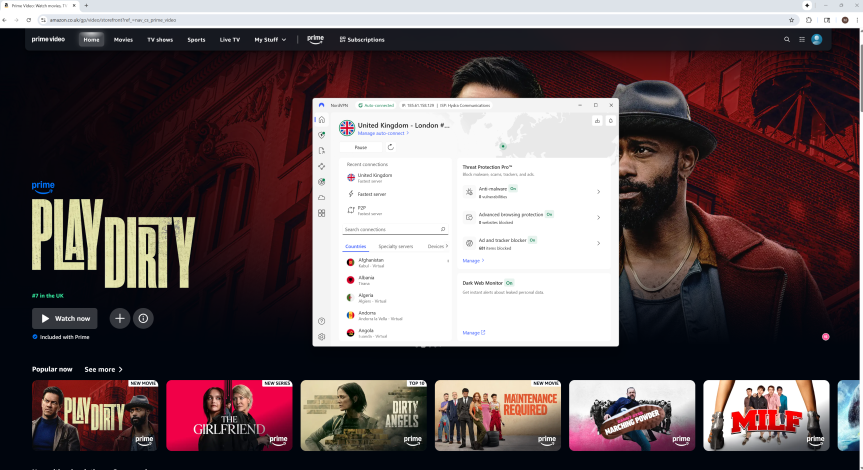 Приложение NordVPN разблокирует Amazon Prime Video в Великобритании.