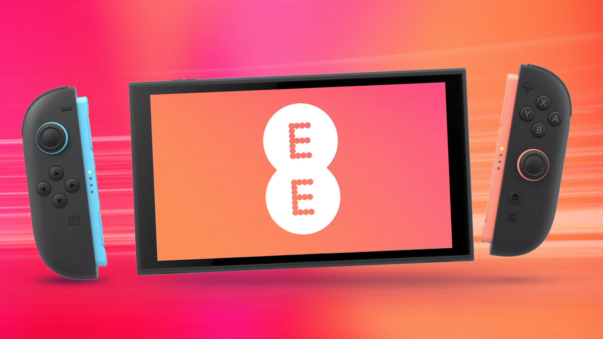 Консоль Nintendo Switch 2 на красном градиентном фоне с логотипом EE на экране устройства.