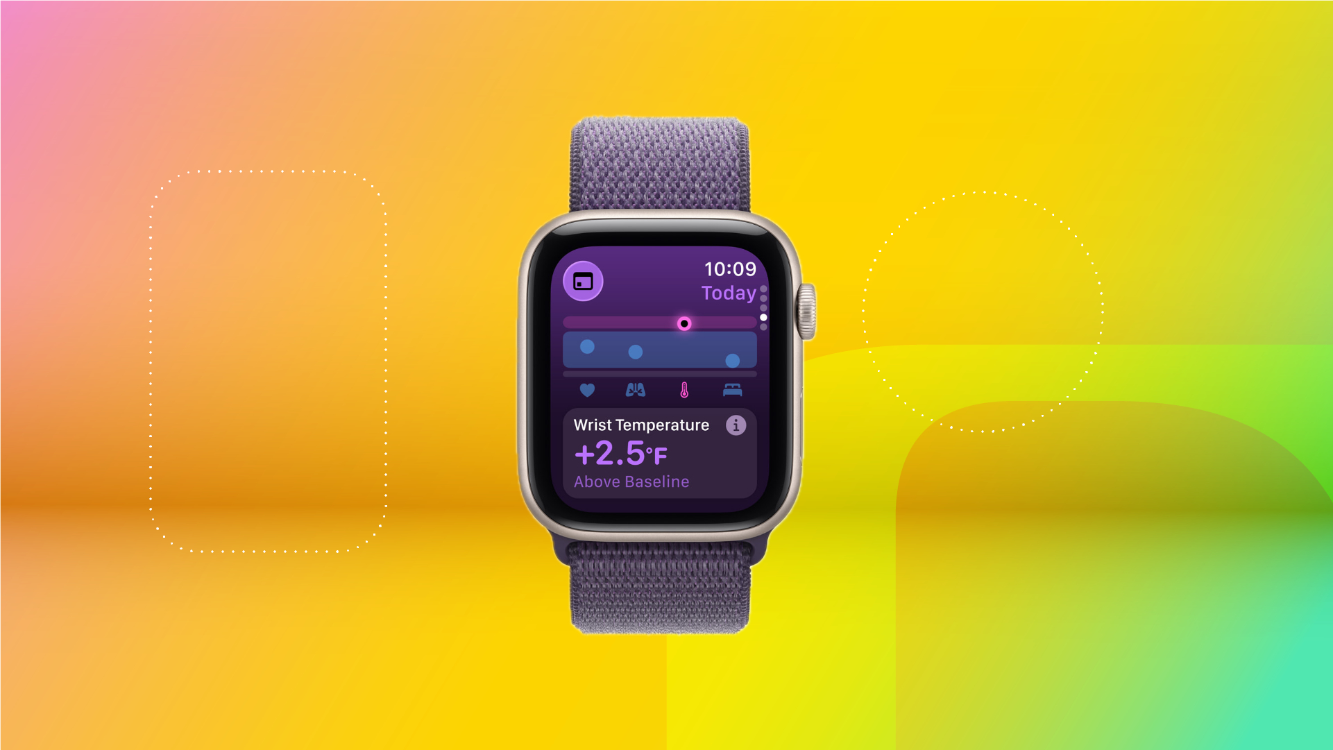 Apple Watch SE 3 лавандового цвета на фоне градиента красного, желтого и зеленого цветов.