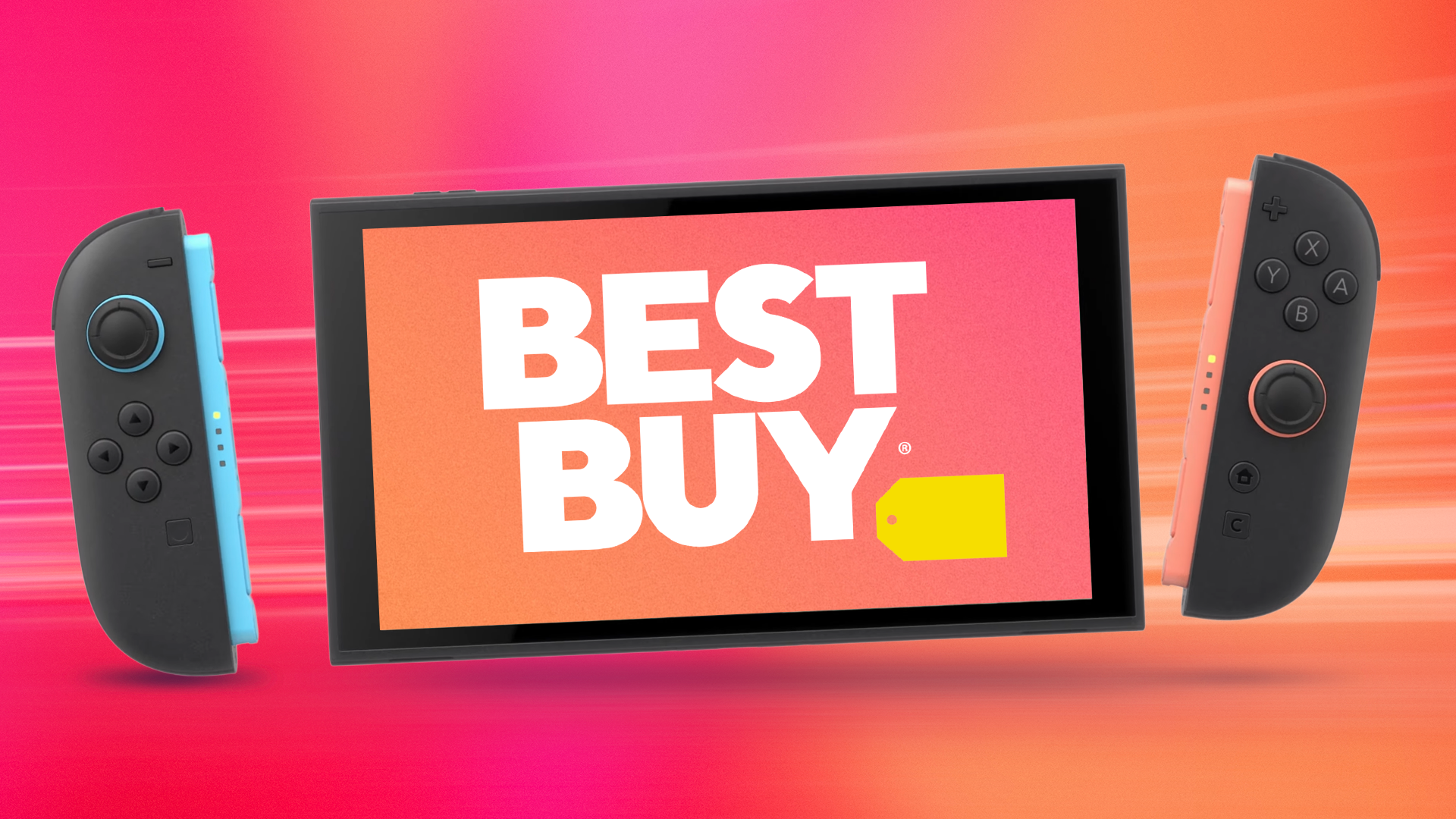 На консоли Nintendo Switch 2 отображается логотип Best Buy на фоне оранжево-розового градиента.
