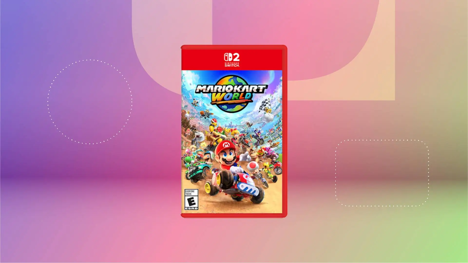 Оформление обложки игры Mario Kart World на фоне фиолетово-зеленого градиента от CNET.