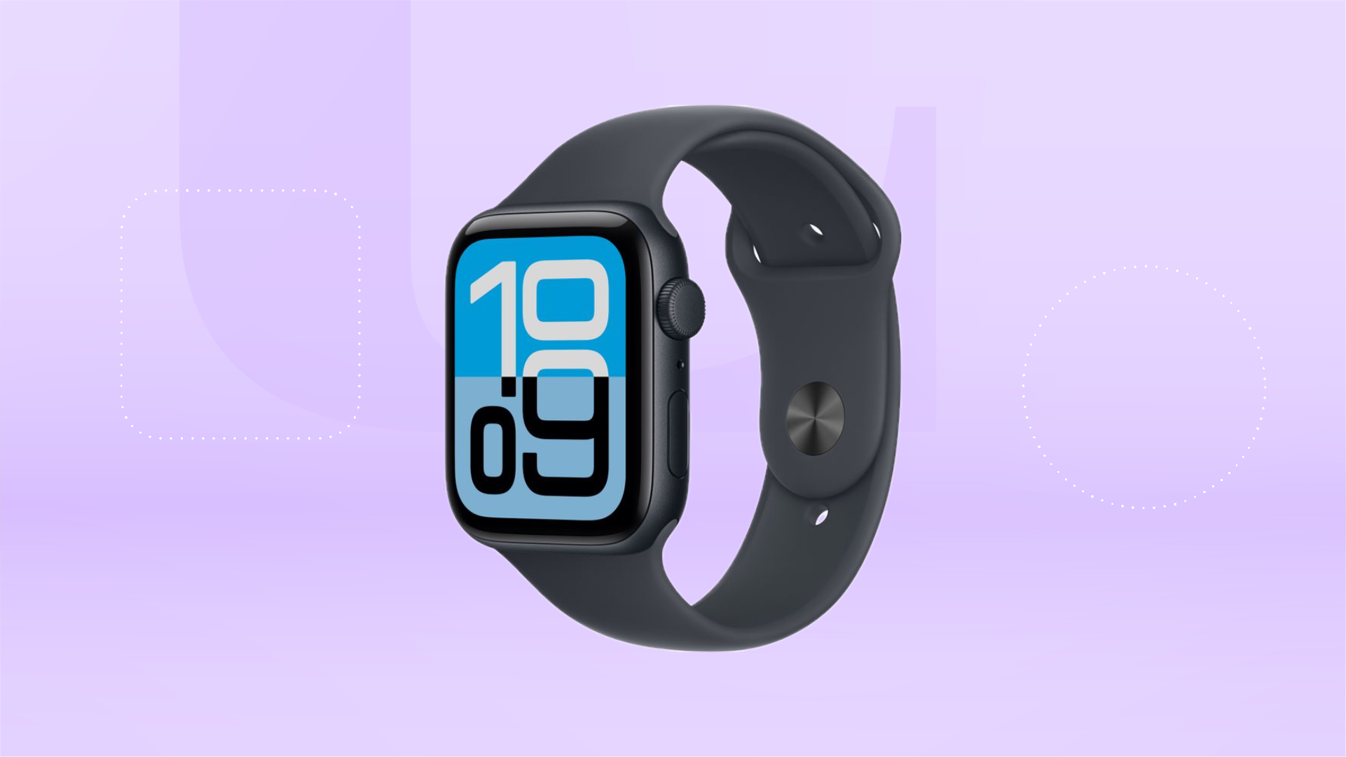 Apple Watch SE 3 черного цвета на сиреневом фоне
