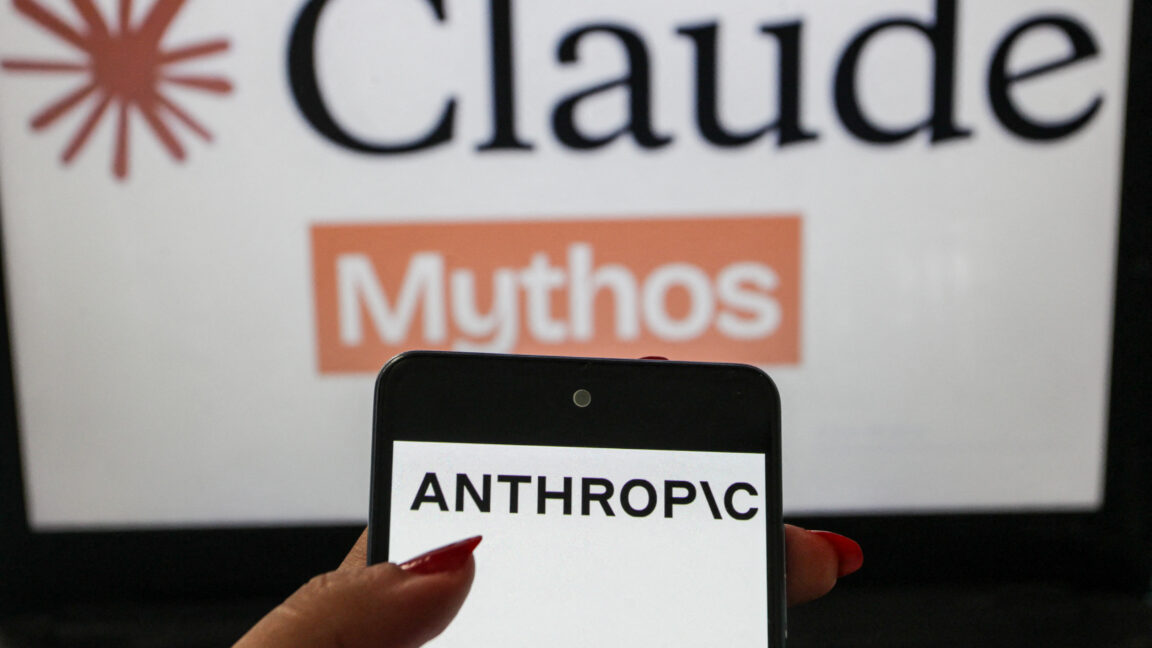 На переднем плане изображен смартфон с логотипом Anthropic на размытом фоне, выполненном в стиле мифов Клода. Изображение иллюстрирует фирменный стиль компании, занимающейся искусственным интеллектом, в визуальной композиции на технологическую тематику.
