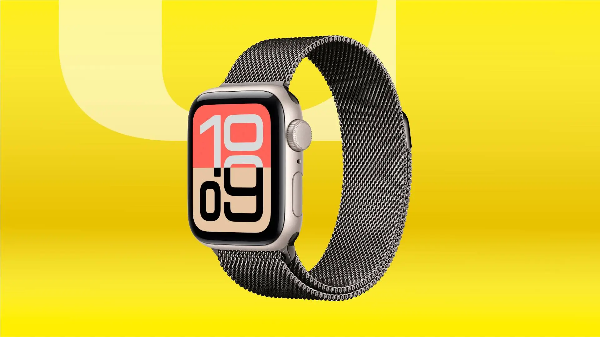 Серые смарт-часы Apple на фоне желтого градиента CNET.