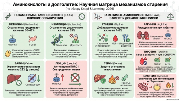 Признаки ограничения белка и аминокислот при старении и долголетии: научный обзор (Knopf & Lamming, 2026)