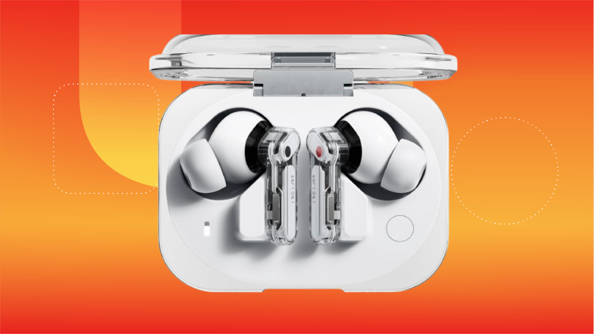 Белые наушники Nothing Ear (3a) на оранжевом фоне CNET.