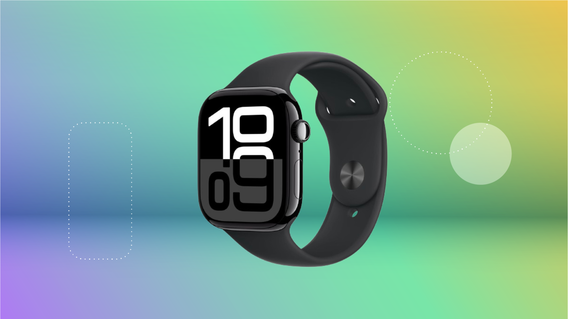 Apple Watch сейчас не продаются со скидкой, но вы все еще можете получить скидку до 305 долларов. 14 Черные Apple Watch 10 серии на градиентном фоне фиолетового, синего, зеленого и желтого цветов.