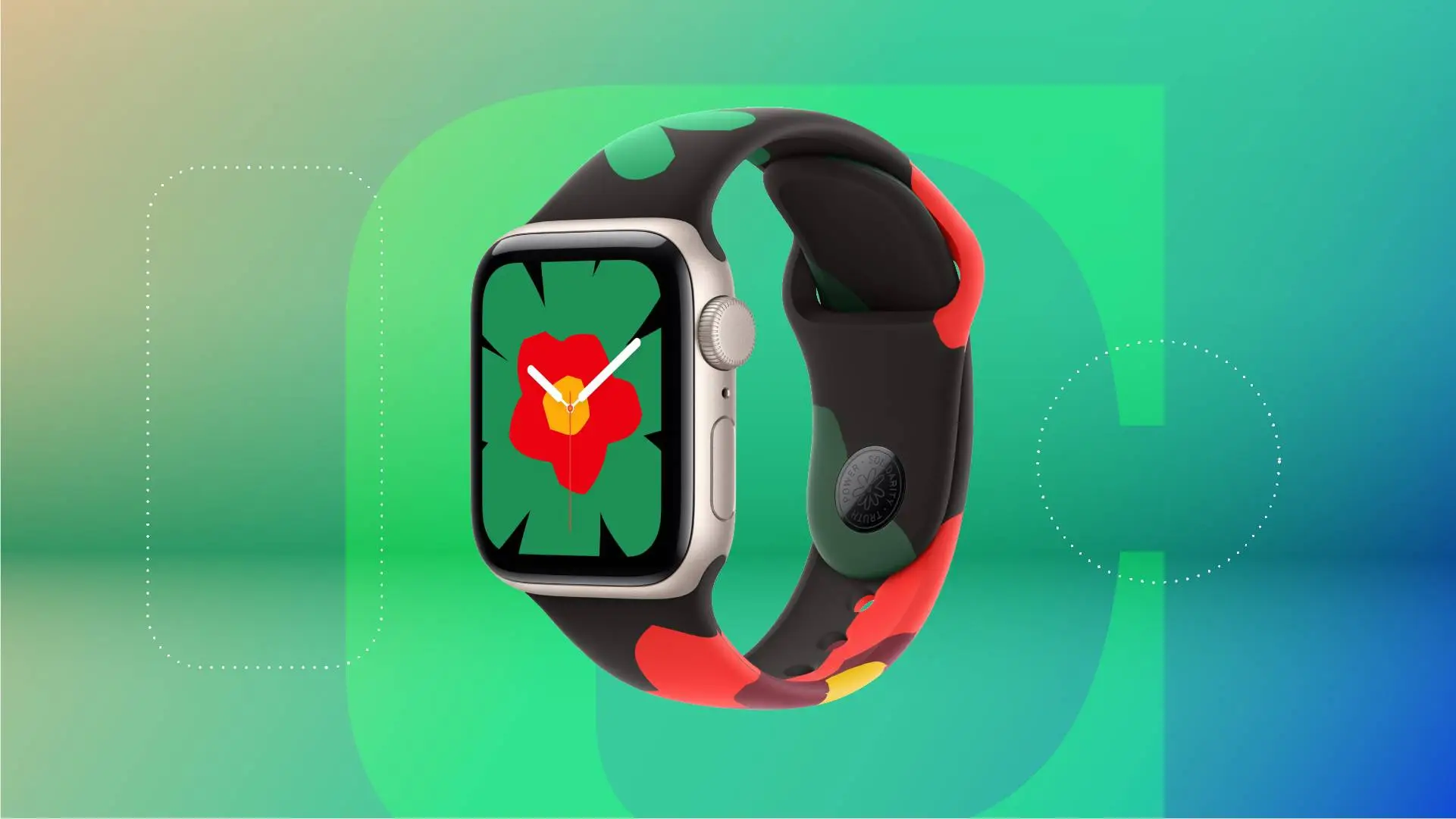Apple Watch сейчас не продаются со скидкой, но вы все еще можете получить скидку до 305 долларов. 9 Черные смарт-часы с цветочным принтом на зеленом градиентном фоне (CNET).