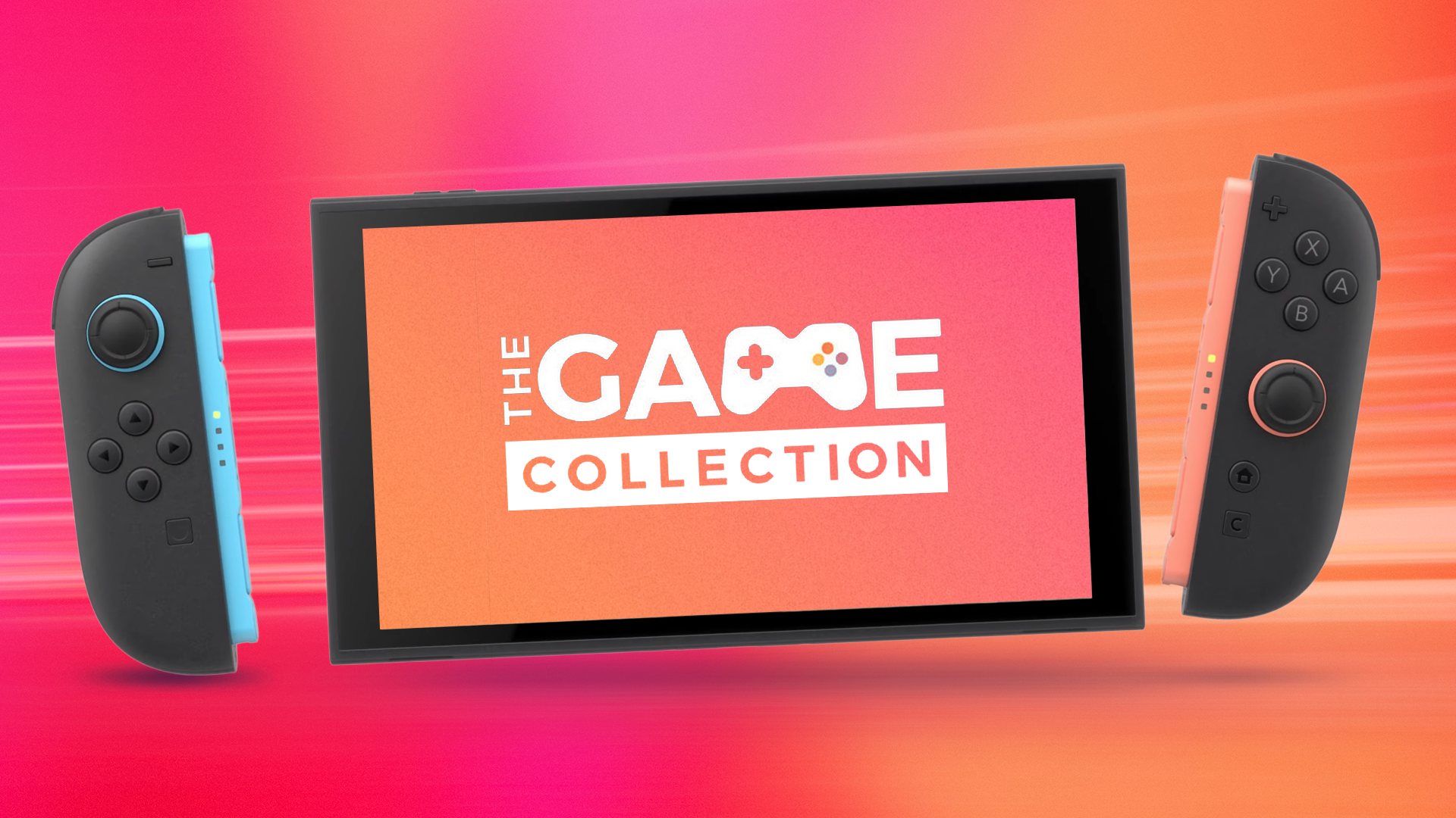 Консоль Nintendo Switch 2 на красном градиентном фоне с логотипом The Game Collection на экране устройства.