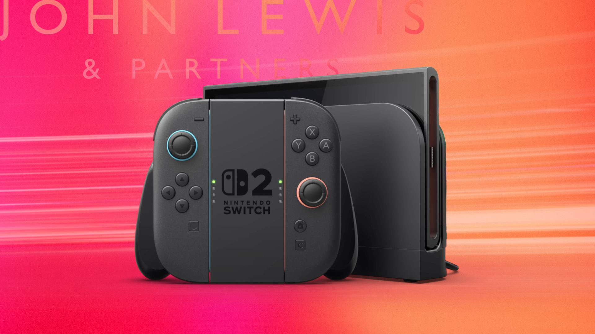 Консоль Nintendo Switch 2 на красном градиентном фоне с логотипом John Lewis в верхнем левом углу.