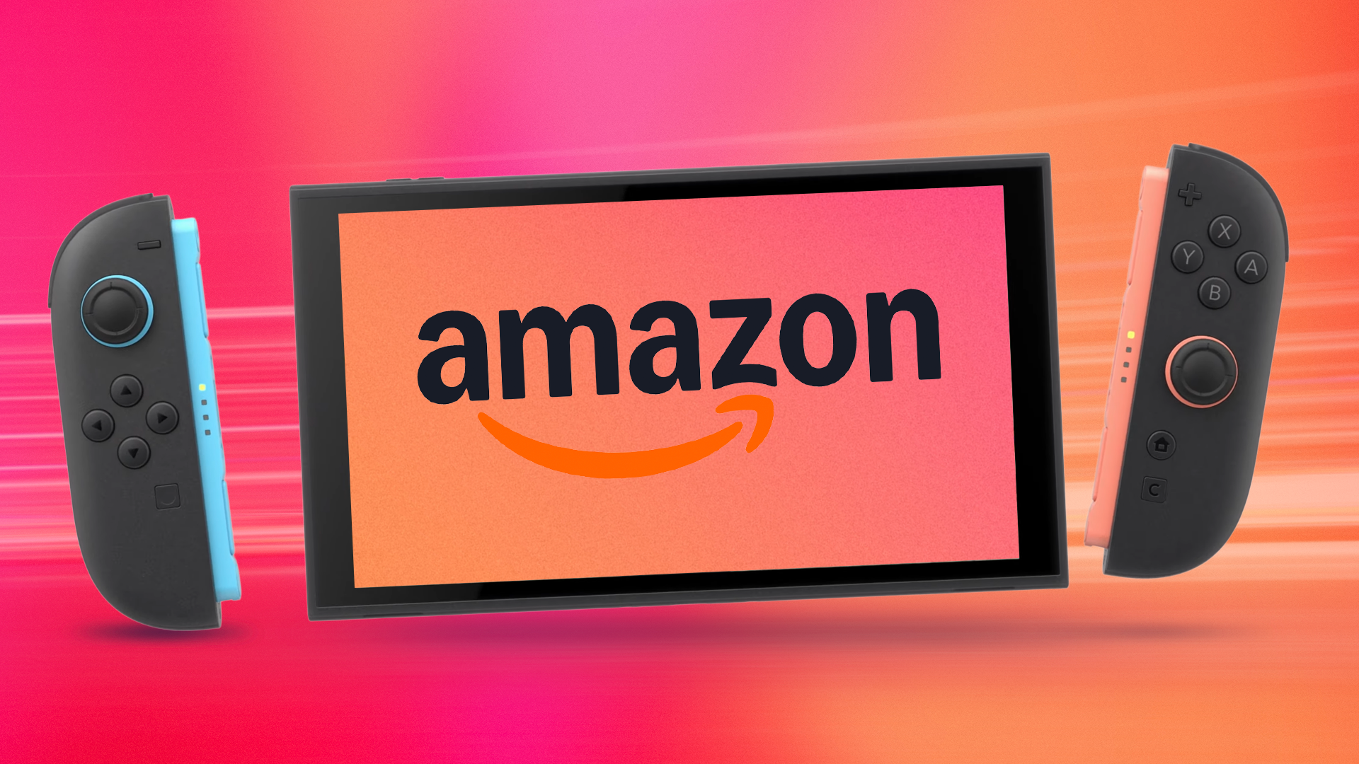 Консоль Nintendo Switch 2 на красном градиентном фоне с логотипом Amazon на экране устройства.