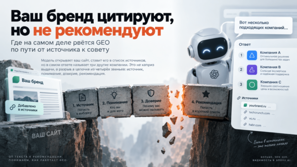 Ваш бренд цитируют, но не рекомендуют. Где на самом деле рвётся GEO по пути от источника к совету