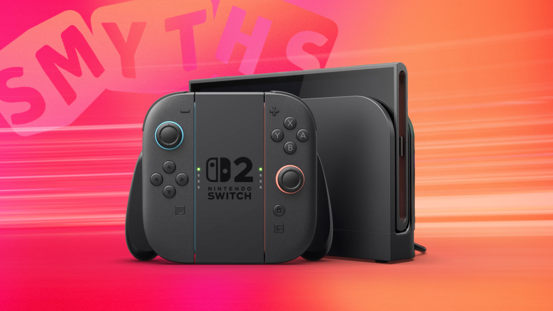 Консоль Nintendo Switch 2 на красном градиентном фоне с логотипом Smyths Toys в верхнем левом углу.