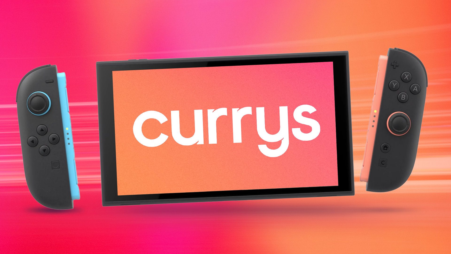 Консоль Nintendo Switch 2 на красном градиентном фоне с логотипом Currys на экране устройства.