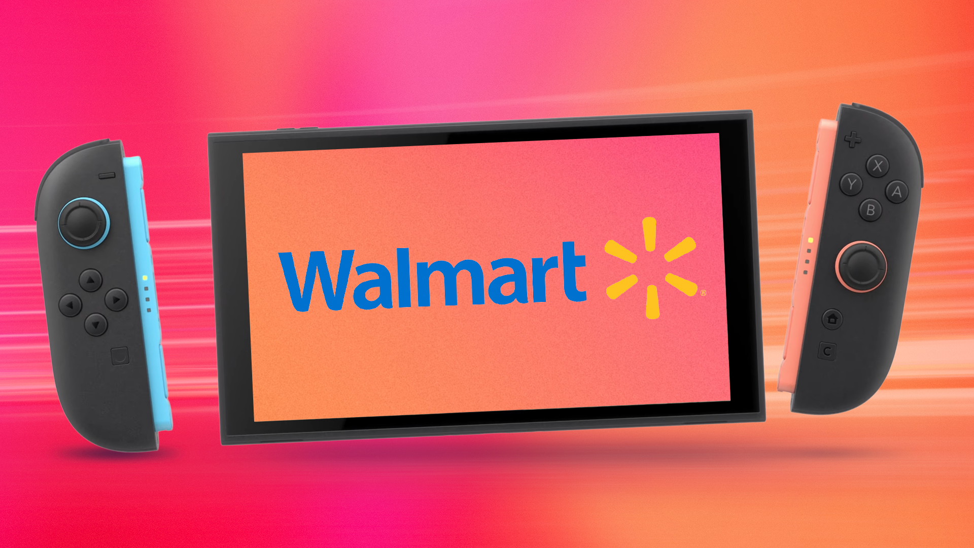 Консоль Nintendo Switch 2 на красном градиентном фоне с логотипом Walmart на экране устройства.