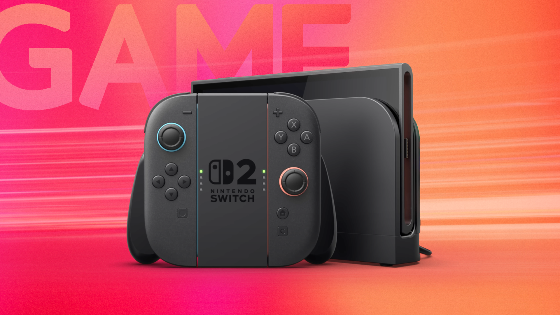 Консоль Nintendo Switch 2 на красном градиентном фоне с логотипом Game в верхнем левом углу.