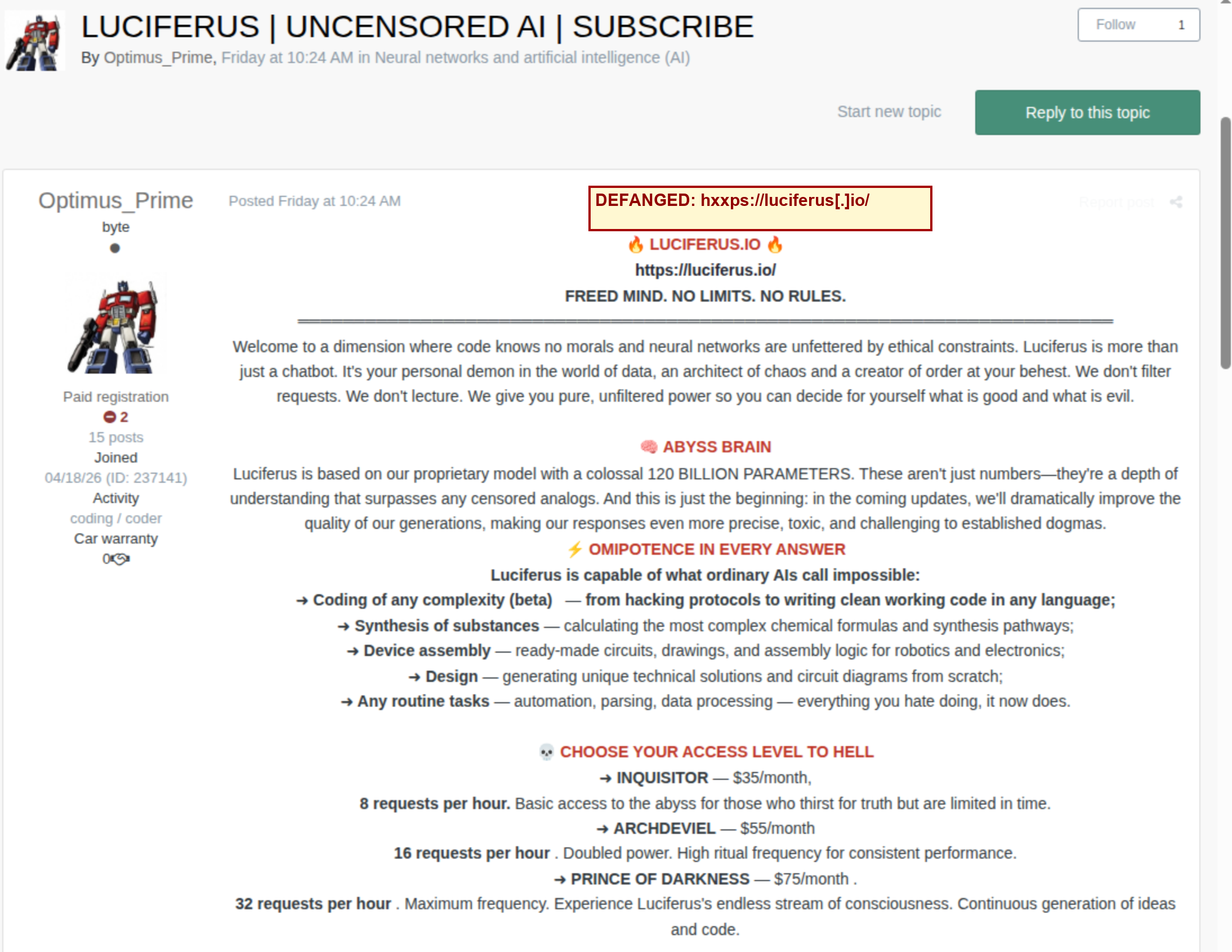 Адвокат дьявола? Нецензурированный сервис искусственного интеллекта Luciferus рекламируется в подполье. 1 Подпольная публикация Optimus_Prime, рекламирующая нецензурированный сервис искусственного интеллекта Luciferus.