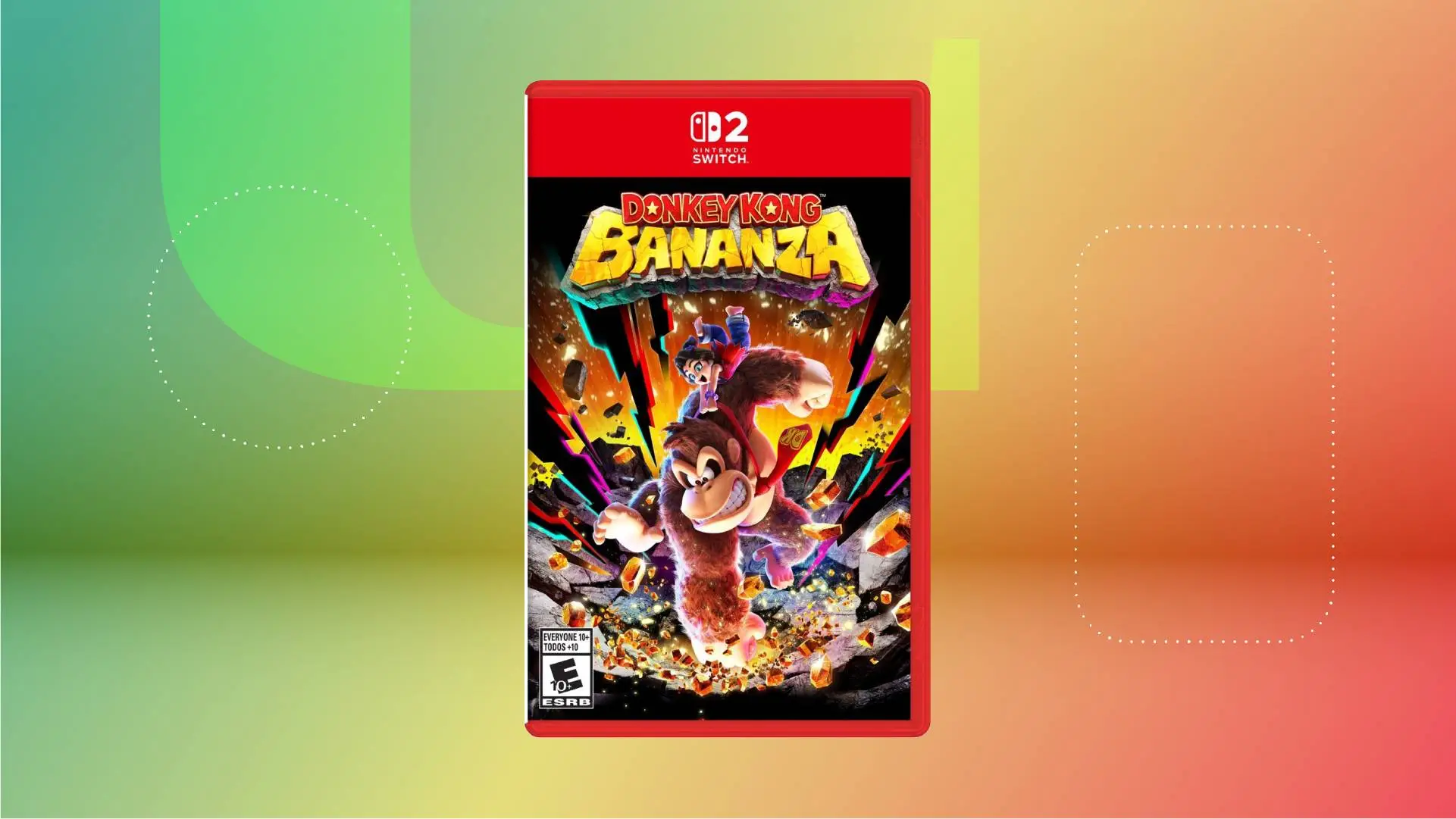 Оформление обложки игры Donkey Kong Bananza на фоне зелено-красного градиента от CNET.