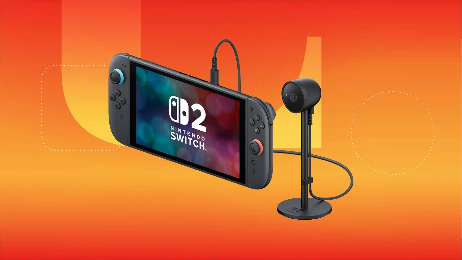 Игровая консоль Switch 2 и камера на оранжевом градиентном фоне от CNET.