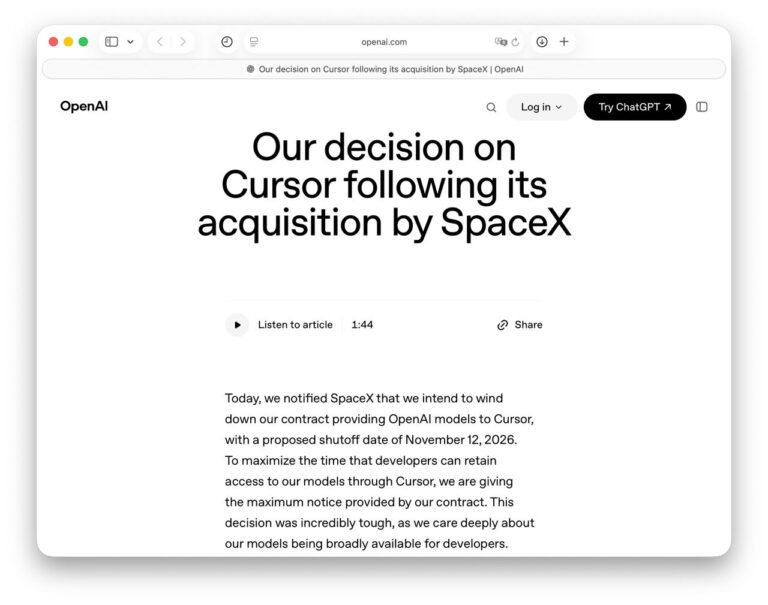 OpenAI отключает модели в Cursor после сделки со SpaceX С…