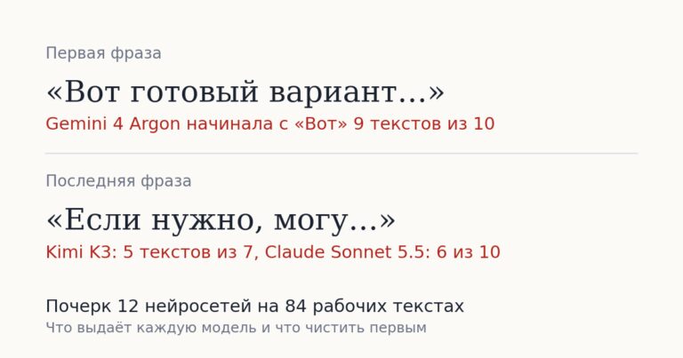 Gemini начинает с «Вот» 9 текстов из 10. Почерк 12 нейросетей в рабочих текстах