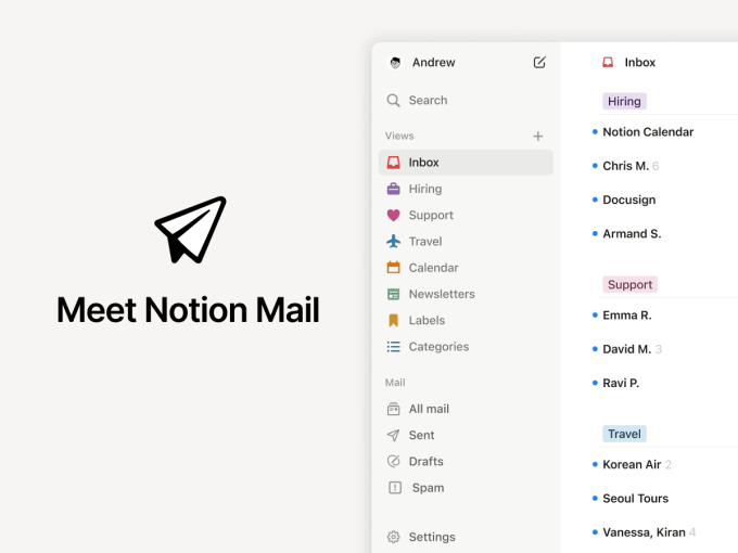 Скриншот приложения Notion Mail, на котором видна автоматически созданная папка.