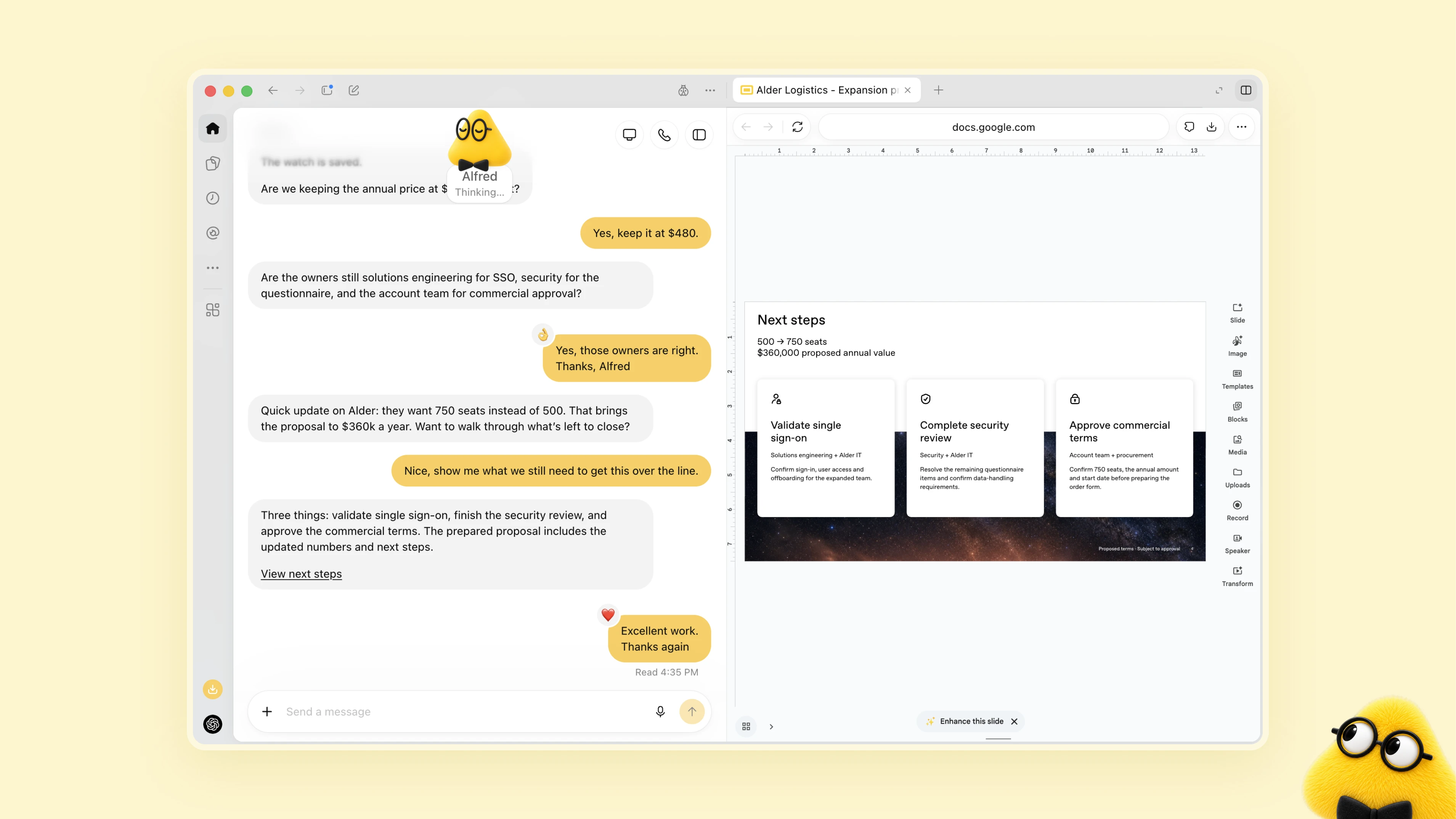 Представляем dots | OpenAI 4 Альфред (Yellow dot) обсуждает коммерческое предложение, рядом с которым находится документ, перечисляющий шаги по заключению сделки.